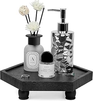 Tikea Farmhouse Wood Display Riser, 10 in. Farmhouse Pedestal Stand for Bedroom Bathroom Kitchen Counter Decor, Hexagonal Display Tray for Artwork and Soap Dispenser (Black)