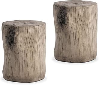SUNBURY Outdoor Side Table Set of 2, Tree Stump Side Table Grey Colored Faux Wood, End Table Wood Stump Stool, Ottoman or Plant Stand, Deck or Garden