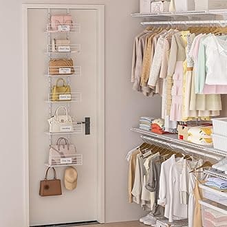 Hanging Purse Handbag Organizer Rack with Name Plate, Over The Door Detachable Bag Storage Rack - Can Use As 1/2 Part, Wall Mounted Adjustable Bag Rack with Stickers & Tapes, White