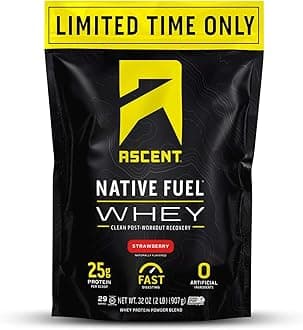 Ascent 100% Whey Protein Powder - Post Workout Whey Protein Isolate, Zero Artificial Flavors & Sweeteners, Gluten Free, 5.5g BCAA, 2.6g Leucine, Essential Amino Acids, Strawberry 1.7 lb
