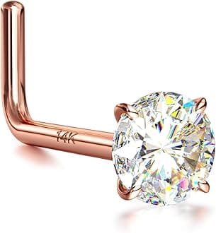 14K Real Gold Nose Studs, 18G 20G Solid Gold L Shaped Nose Rings, Simulated Diamond CZ Hypoallergenic Nose Piercings for Women Men 1.5 2 3MM