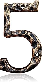 5.5 Inch House Numbers & Letters, Highly Visible Cast Iron Metal Home Address Number for Street Office Mailbox, Antique Brass (Number 5)