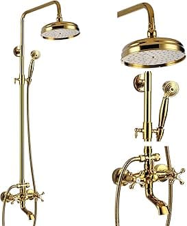 gotonovo Gold Polished Shower Faucet Sets 8 Inch Rainfall Shower Head Bathtub 2 Cross Knobs Mixer Rain Shower System Adjustable Hand Held Spray Shower Unit