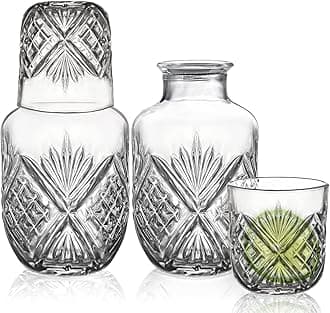 Suwimut 4 Pieces Bedside Water Carafe and Glass Set for Bedroom Nightstand, 18 OZ Vintage Night Water Carafe Juice Pitcher with Tumbler Cup, Glass Mouthwash Decanter for Bathroom