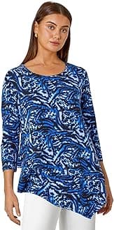 Roman OriginalsWomen Hanky Hem Tunic Ladies Top Asymmetric Hemline Blouse Double Layer Mesh Overlay Jersey Stretchy Summer Spring Flattering 3/4 Sleeve Smart Casual Work