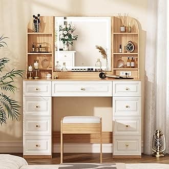 Arulvmrn 43" Makeup Vanity Desk with Mirror and Lights, & Power Outl, Glass Top Big Vanity Table with 9 Drawers& 8 Storage Shelves, Dressing Table Set with Chair for Bedroom, Oak