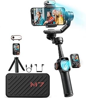 - hohem iSteady M7 Gimbal Stabilizer for iPhone, Phone Gimbal with AI Tracking, 1.4" Detachable Touchscreen Remote, Built-in Extension Rod, Fill Light, Phone Stabilizer for Video Recording, YouTube