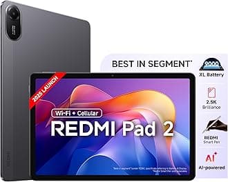 Redmi Pad 2 Wi-Fi + Cellular, Active Pen Support, 27.94cm(11") Model, 2.5K Sharp & Clear Display, 6GB, 128GB, All Day & More 9000mAh Battery, AI-Enabled, Dolby Atmos, HyperOS 2, Graphite Grey