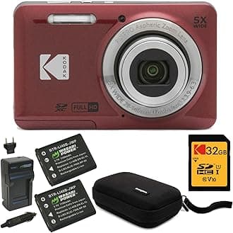 KODAK PIXPRO Friendly Zoom FZ55 Digital Camera (Red) Bundle with 32GB SD Card, Camera Case, and Battery Travel Charger (4 Items)