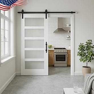 S&Z TOPHAND® 36 in x 84 in Glass Sliding MDF Barn Door with 6.6FT Sliding Hardware Kit, 5 Tempered Frosted Glass, Slab Inside Covered with Water-Proof PVC Surface, Simple DIY Assembly