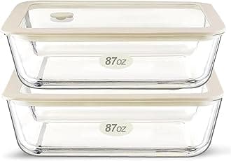 Urban Green Glass Food Container Set with Glass Lid, Large Meal Prep Container Set, Airtight Food Storage Containers with Air Vent Lid, 2 Pack, Large, 87oz, LeakProof, 100% Plastic Free, White color,