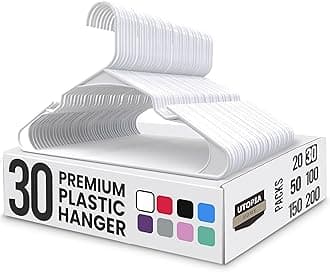 Utopia Home 30 Pack Premium Plastic Clothes Hangers - Durable Coat Hangers Adult with Trouser Bar & Shoulder Grooves, Space Saving Non-Slip Design for Coats, Jackets, Shirts & Suits - White