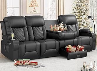 FURNIMAT Recliner Sofa, 4 Seater Dual Reclining Sofa with Flip Back Console, Modern PU Leather Recliner Couch for Living Room/RV, with Storage Drawer, USB Ports, Cup Holder, Cell Phone Holder, Black