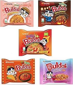 Buldak Chicken Stir Fried Ramen Korean Ramen (5 Flavor Combo, 5 Pack)