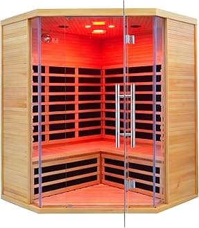 Homsido 3-4 Person Far Infrared Sauna, Hemlock Indoor Corner Sauna Room Home Sauna with Low EMF Far Infrared Carbon Panel Tempered Glass Door,Bluetooth Speakers Chromotherapy Lights（220V, 2880W）