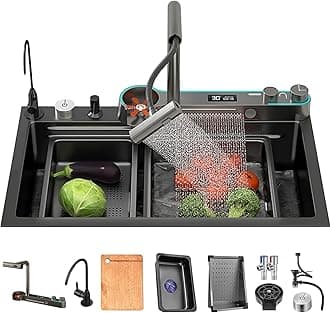 Kitchen Sink Black Stainless Steel Waterfall Kitchen Sink Multifunctional Digital Display Sink with New Dual Mode Faucet and Multiple Accessories (68x45x22CM)