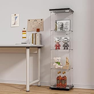 FANYUSHOW Glass Display Cabinet with Door and Lock, Quick-Install Style 4-Shelf Curio Cabinet 5mm Tempered Glass Floor Standing Bookshelf for Living Room, Bedroom, 65" H x 17''L x 14''W (Black)