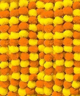 Abhaas Pack of 10 Artificial Marigold Garland toran for Decoration Long Fluffy Flowers Indian genda phool for Wedding & Festival Diwali Pongal/4.5-4.9 Ft /10 Pc/Yellow+ Light Orange Mix