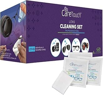 Care Touch Lens Wipes for Eyeglasses- 210 Count Individually Wrapped Pre- Moistened Wipes, 5 x 6 Inch- Camera Lens, Sunglasses and Glasses Cleaner,- Gentle and Portable for Cleaning of Optical Devices