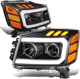 DNA MOTORING HL-HPL-NARN04-BK-AM Headlights 3D LED Light Bar Running Light Amber Turn Signal Compatible with 04-15 Nissan Titan 05-07 Armada