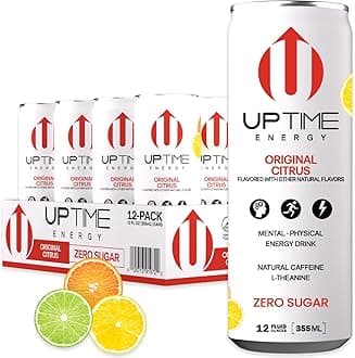 UPTIME Energy Drink, Original Citrus Sparkling, 12 Pack, Vitamin C, L Theanine, Calcium, Sugar Free Energy Drinks for Focus Support, 142mg of Natural Caffeine, 5 Calories, Clean, Natural, 12 fl oz Cans