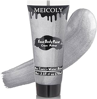 MEICOLY Metallic Silver Face Body Paint for Tin Man Makeup,2.37Oz Large Tube Water Based Full Body Paint for Adults and Kids,Pro Silver Face Paint for Halloween SFX Special Effects Cosplay Makeup