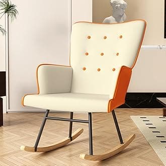 Glider Rocking Chair Nursery Comfy Accent Chair with High Back Faux Leather Living Room Chairs Color Button Tufted Armchair Reading Chair for Bedroom Nursery Office, Cream+Orange Yellow