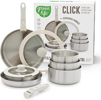 GreenLife Click 10-Piece Stainless Steel TriPly Cookware Set, Detachable Handle, Stackable Space Saving Kitchen Essential, PFAS-Free Pots & Pans, Induction & Oven Safe, Glass Lid, Silver