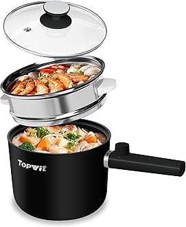 Topwit Hot Pot Electric with Steamer, 1.5L Ramen Cooker, Non-Stick Sauté Pan, Portable Cooking Pot, Electric Cooker with Dual Power Control, BPA Free, Over-Heating & Boil Dry Protection, Black