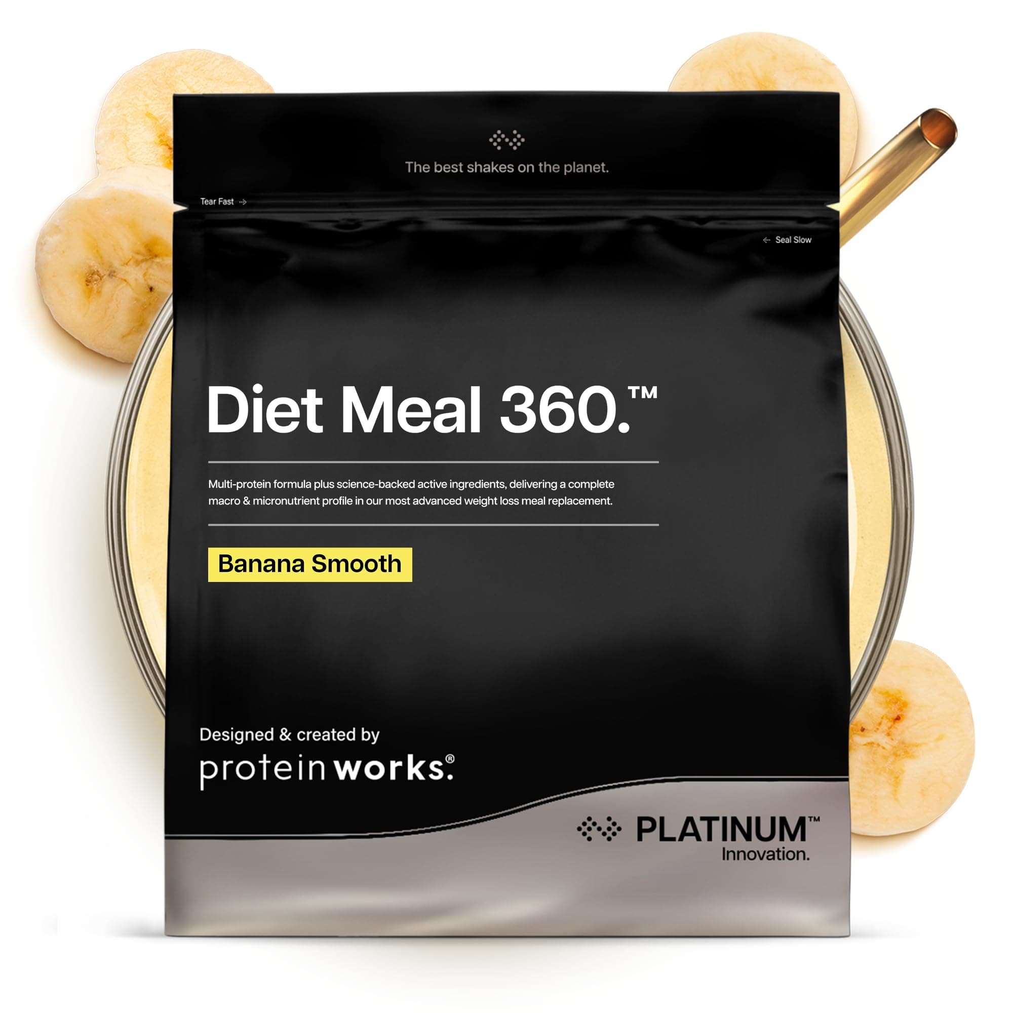 Protein Works | Diet Meal 360 - PLATINUM Innovation, Diet Meal Replacement Shake, Supports Weight Loss, 26 Vitamins & Minerals, Added Flaxseed, Inulin, Omega 3, Banana Smooth Sundae, 16 Meals, 1kg