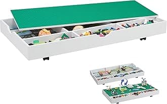3 in 1 Construction Play Table Compatible with Lego, Game Table with Block Board and Train Car, Rolling Game Table with Locking Wheels and Storage Space, Suitable for Storing Under Bed or Sofa (White)