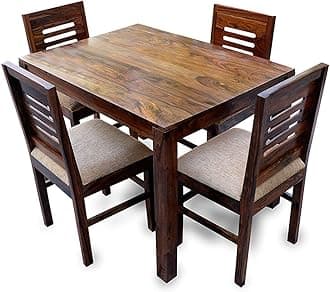 Solid Sheesham Wood Square Dining Table 4 Seater | Four Seater Dinning Table with 4 Cushioned Chairs for Home | Natural Brown Finish