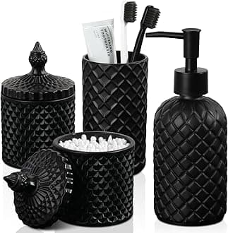 Matte Black Bathroom Accessories Set, 4 Pack Black Bath Accessory Sets Complete, Diamond Glass Soap Dispenser and Toothbrush Holder Set for Countertop, Gothic Decor Organizer Essentials