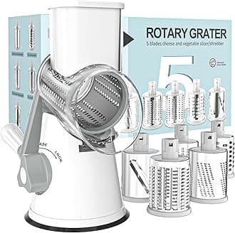 5 in 1 Rotary Cheese Grater Hand Crank Cheese Shredder for Fresh Cheese, Vegetable, Nuts,Non-slip Suction Base, Five Blades, White