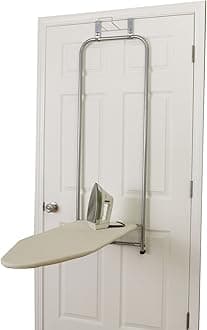 Household Essentials 144222-1 Over The Door Ironing Board with Iron Holder, Natural Cotton Cover, Silver