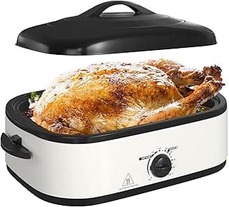 14 Quart Electric Roaster Oven with Self-Basting Lid, Stainless Steel Turkey Roaster Oven with Rack, Removable Pan, Cool-Touch Handles, Easy to Clean, White