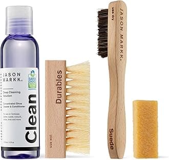 Suede Essentials Bundle, 4-Piece Shoe & Sneaker Care Set, 4oz Deep Cleaning Solution, Two Brushes, & Suede Stain Eraser, Safe for Leather, Nubuck, Cotton, Knits, and More