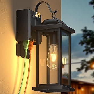 17 Inch Dusk to Dawn Outdoor Lighting with GFCI Outlet, Large Porch Light Lantern Plug Outlet Modern Black Outdoor Sconce Lighting, IP65 Waterproof Outside Light Wall Mounted Coach Light