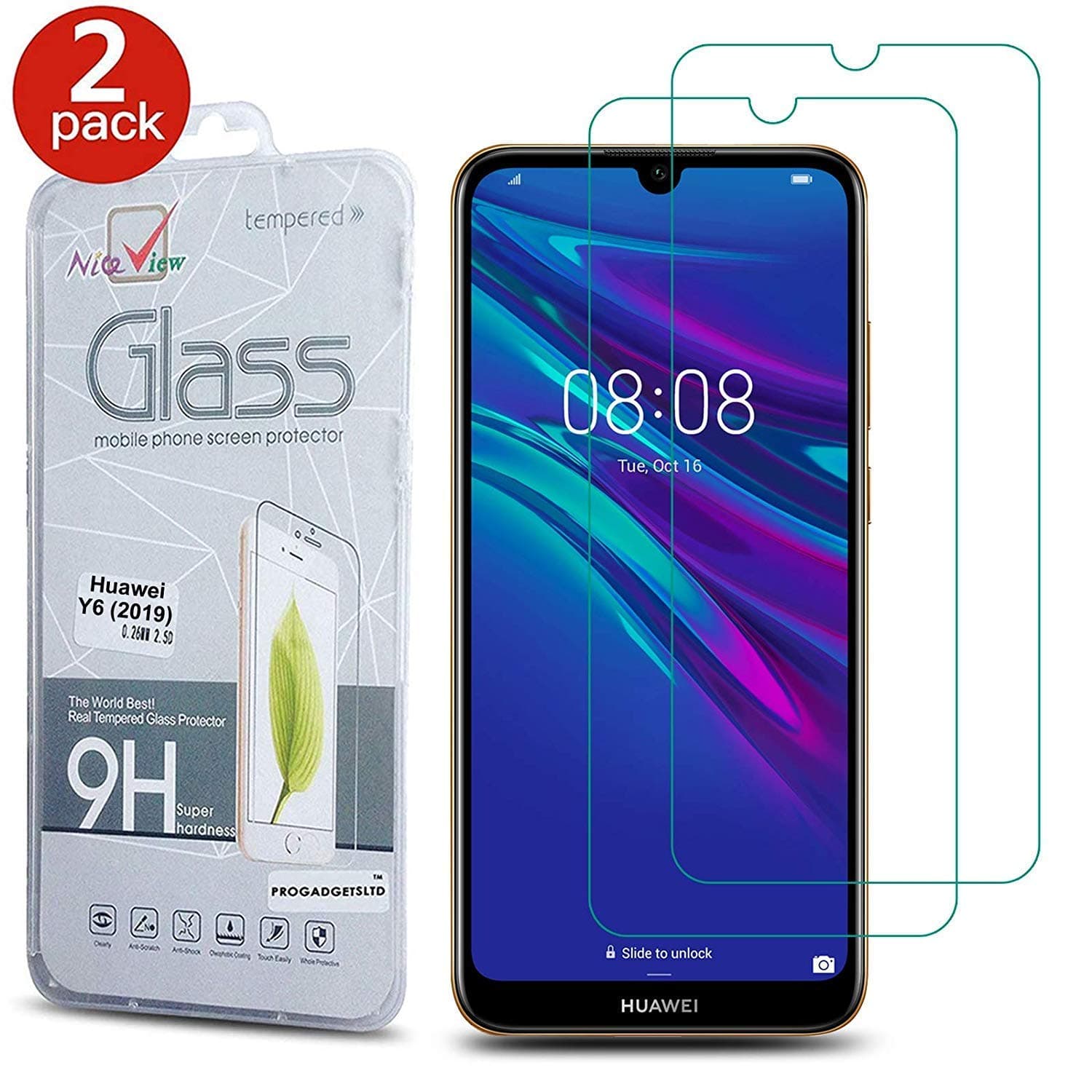 [2 Pack] for Huawei Y6 2019 Screen Protector, Gorilla Tempered Glass Screen Protector Shockproof Protective LCD Film Guard Scratch-Resistant for Huawei Y6S / Y6 Prime 2019 / Y6 Pro 2019