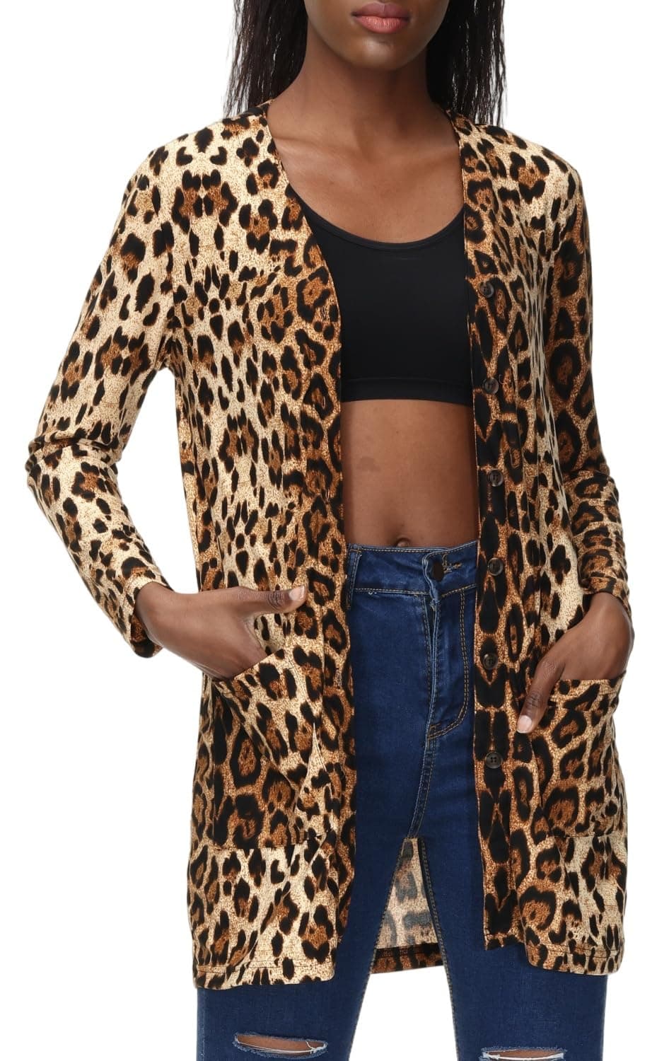 Women's Leopard Printed Cardigans Shirt Lightweight Button Down Cardigans Coat W Pockets(S-2XL)