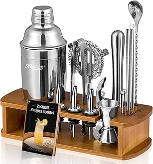 Cocktail Shaker Set Bartender Kit with Stand | Bar Set Drink Mixer Set with All Essential Accessory Tools: Martini Shaker, Jigger, Strainer, Mixer Spoon, Muddler, Liquor Pourers |Silver