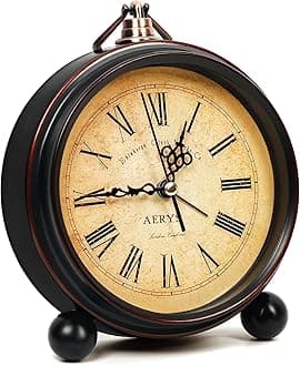 Classic Vintage Alarm Clock, Roman Number Dial, Silent Quartz Non-Ticking, Antique Style Metal Table Clock for Bedroom, Office & Home Decoration
