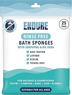 Endure Rinse Free Bath Shower Sponge - Body Wash Wipes for Bathing - Perfect for Camping, Festivals, Gym and Travel - Dry Sponge Wipes with Gentle Cleansing Soap. Just add Water (25 Per Pack).