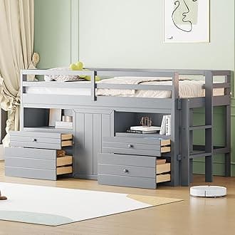 Twin Size Loft Bed with Underneath Cabinet and 4 Drawers, Low Loft Bed Frame with Guardrails for Kids Teens Boys Girls, Sturdy Slats Support, Space Saving Design (Grey-u)