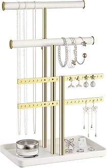 - pickpiff Jewelry Holder Organizer with Velvet, Adjustable 10"-17" Tall, Metal Stand for Display Bracelet, Necklace, Earrings, Rings, White and Gold