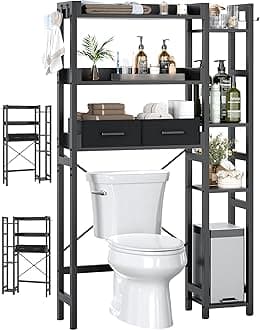 Over The Toilet Storage with 2 Drawers - 7 Tier Bathroom Organizer with Adjustable Shelf, Freestanding Space Saver Storage Rack Above Toilet Stand with 4 Hooks for Restroom, Laundry, Black