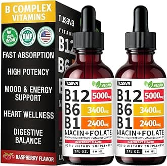 (2 Pack) Vitamin B12 and B6 Liquid Drops, B12 Sublingual Vitamin B Complex - B 12 Vitamin 5000mcg - B12 Methylcobalamin for Energy, Brain, and Heart Support with 27,200 mcg, Raspberry, 80 Servings