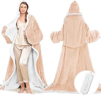 Wearable Heated Blanket with Foot Pocket, Electric Wearable Throw Blanket with Sleeves, Hood, Portable Heated Blanket with 8 Heat Settings, 1-10 Hours Auto Shut-off, Gift for Family, Friends, 50*70"