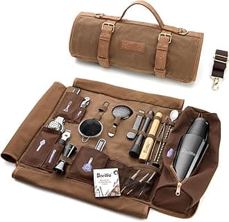 Barillio Bartender Kit Bag with Black Cocktail Shaker Set - Waxed Canvas, Traveling Bar Tools Bag with 17-Pc Cocktail Kit - Travel Mixology Bartending Kits - Mobile Bar Roll with Strap & Accessories