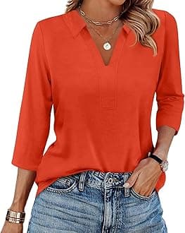 Women's 3/4 Sleeve V-Neck Collared Tops Summer Business Casual Work Polo Shirts 2025 Trendy Loose Fit Basic Tees